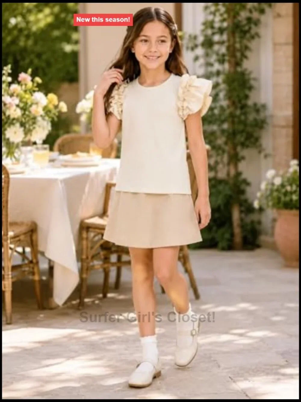 Girls Ruffle Sleeve Ribbed Knit Tee Shirt Tops Summer Casual